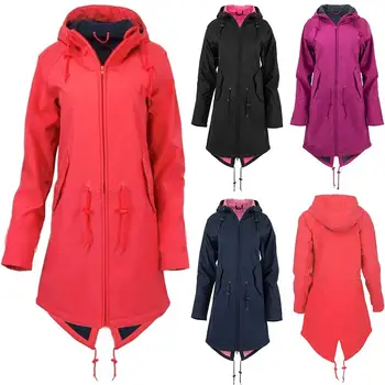 

Plus Size Outdoor Hiking Windproof Solid Color Women Hooded Long Jacket Coat