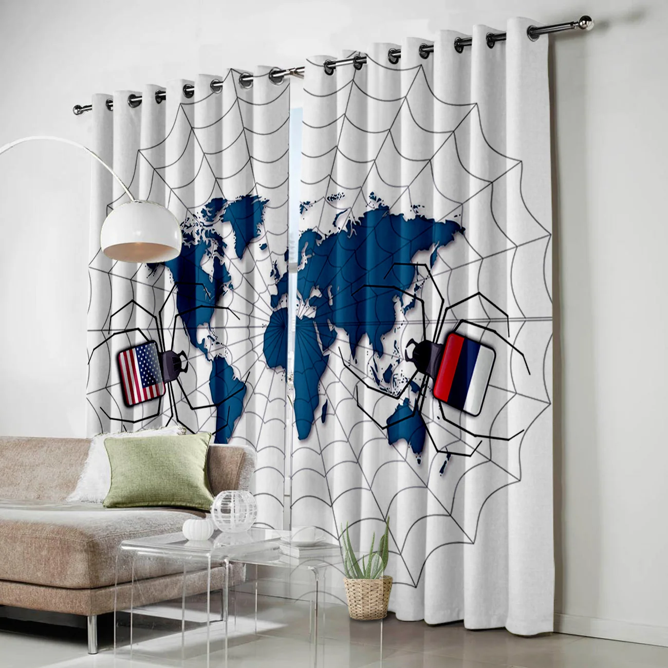 World Map Spider Spider Web Cartoon Curtains Window Living Room Curtains Kitchen Indoor Window High Blackout Curtain