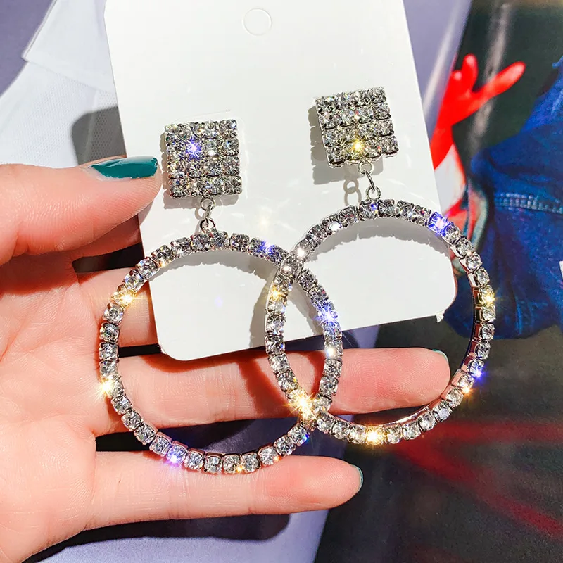 

Fashion Shining Circle Drop Earrings Precision Inlay Gold Silver Color Rhinestone Earrings for Women Wedding Party Jewelry
