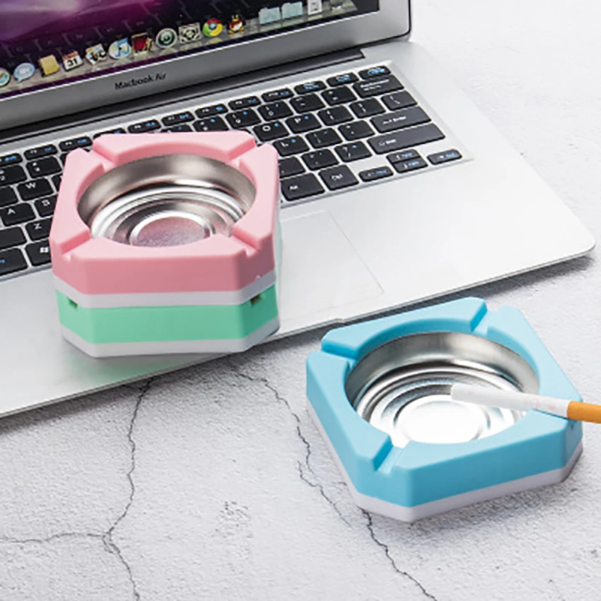 Candy Color Plastic Stainless Steel Ashtrays Smoking Accessories Home Office Hotel Ashtray Cigarette Cigar Ash Storage Plate