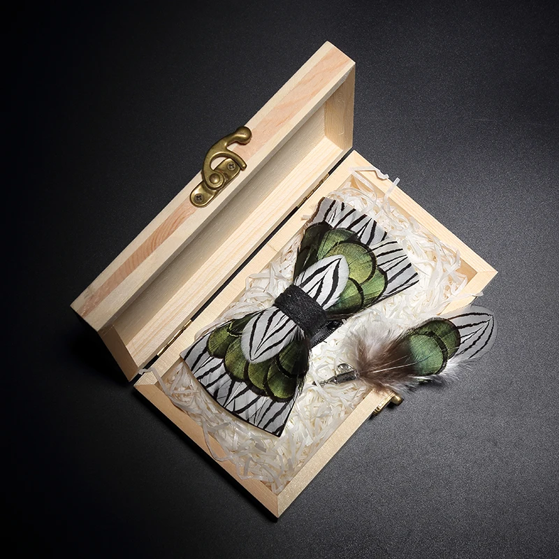 Новое поступление повязка с перьями галстуки Мужская Брошь деревянная коробка набор белый черный зеленый галстук Повседневная одежда галстук свадебный подарок