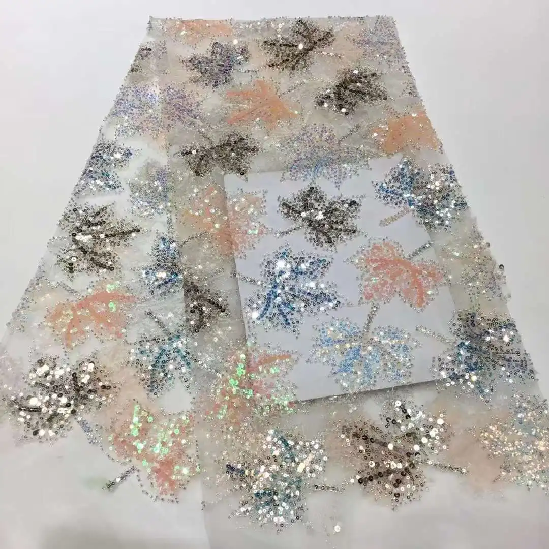 

Fashion bead embroicery Fabric Africa Nigeria lace sequin French mesh yarn fabirc for evening dresses wedding dress