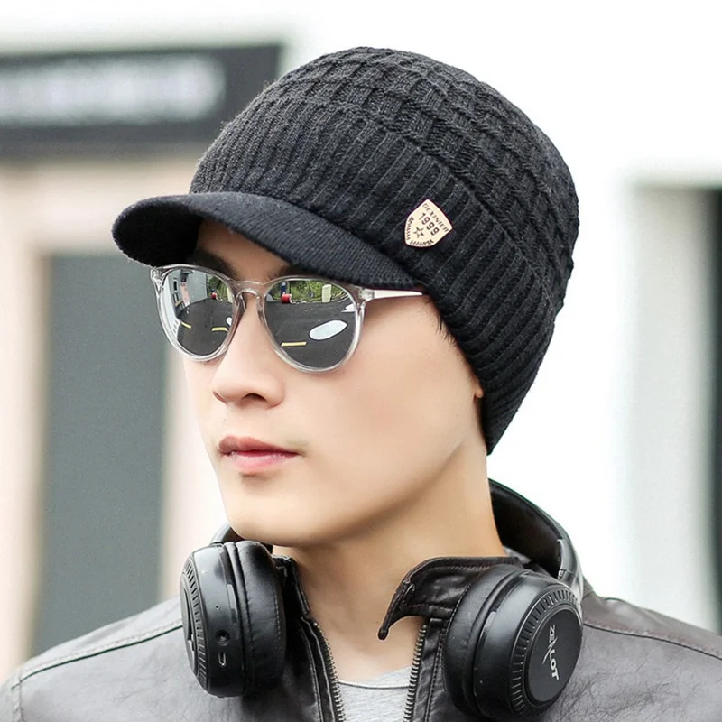 Men Fashion Casual Solid Winter Warm Crochet Knit Baggy Wool Skullies Hat Ski Cap Scarf Set One Size For Adults