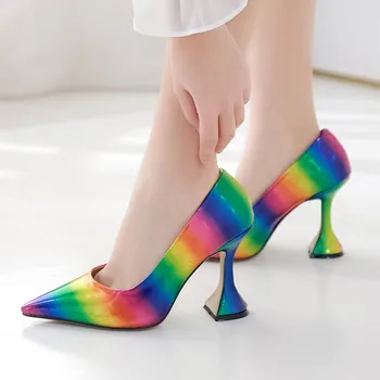 

Women High rainbow color matching pointed wine cup with High heel large size Women's shoes