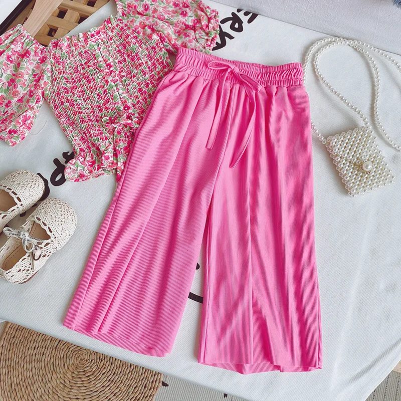 Summer Girls' Clothing Sets Fashion Chiffon Floral Top + Wide Leg Pants 2Pcs Suits Baby Kids Outfits Suit Children Clothing
