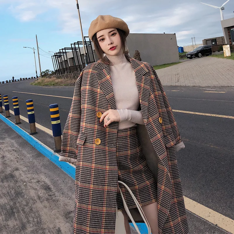 

19 Autumn And Winter New Style Retro INS Hong Kong Style Mid-length Popular Plaid Suit Woolen Jacket Overcoat