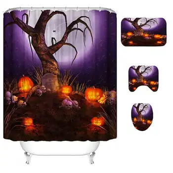 

Halloween Decor Pumpkin Waterproof Shower Curtain Bath Mat Set Non-Slip Toilet Lid Cover Bathroom Mat Partition Curtain