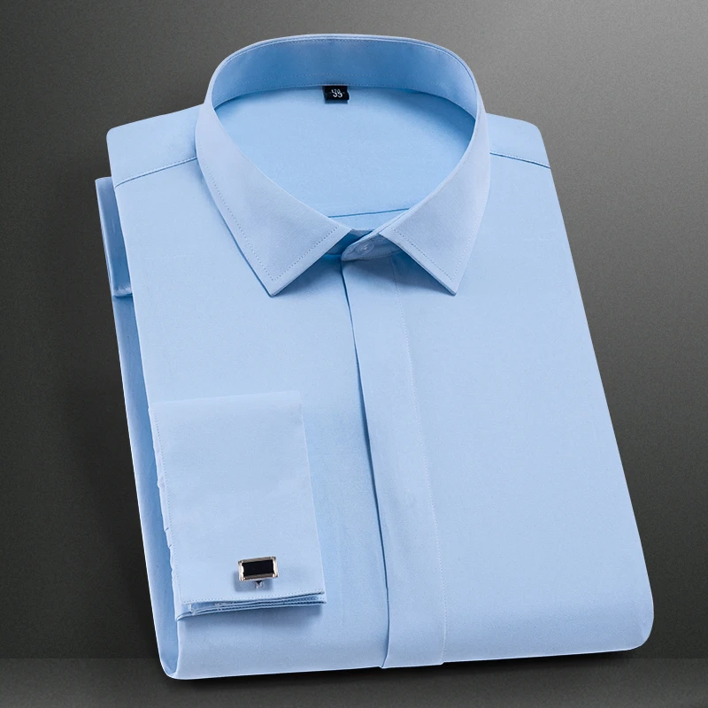 Men's Classic French Cuff Dress Shirt Covered Placket Long Sleeve Tuxedo Male Shirts With Cufflinks No Pocket Office Work White dress shirts