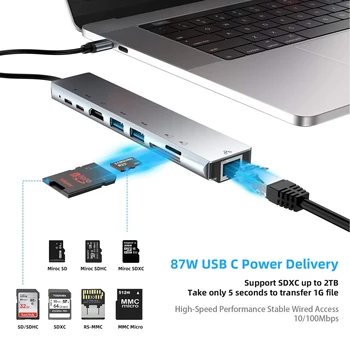 

New Fashion 8 in1 Type-C HUB 87W Fast Charge with SD Card Reader Multifunctional Laptop Docking Station
