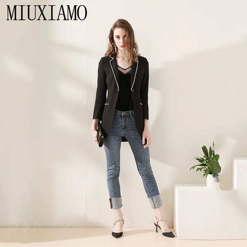 

MIUXIMAO TOP QUALITY Newest Fall Winter 2019 Runway Designer Casual Jacket Women's Single Button Diamonds Overcoat Vestidos