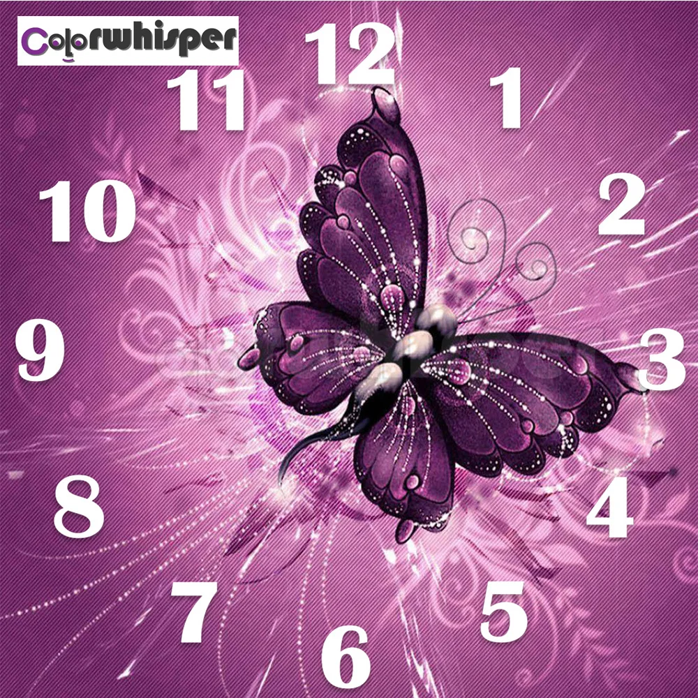 Алмазная картина полностью квадратная/круглая дрель фиолетовая бабочка с часами