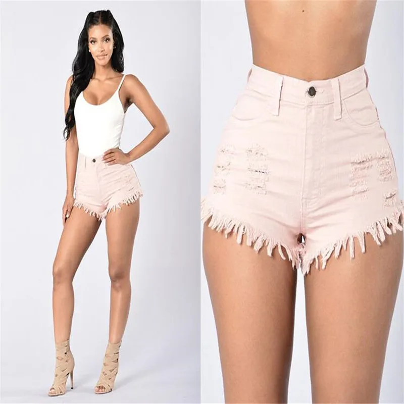 pink Высокие Waists с меховой подкладкой ноги отверстия сексуальные короткие джинсы женские модные повседневные летние женские джинсовые шорты - Цвет: pink