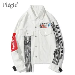 Plegie/мужская белая джинсовая куртка с забавным буквенным принтом, джинсовые куртки, Ретро стиль, свободная уличная одежда, отложной