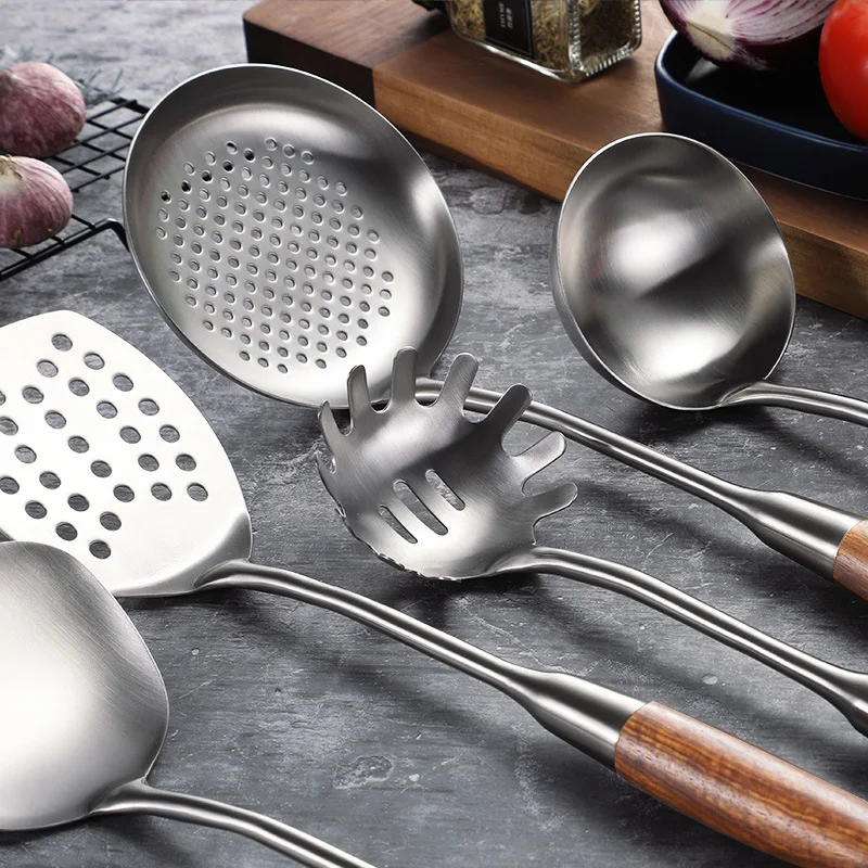 Help You 304 Stainless Steel Household Cooking Wood Pot Spatula Ladel Colander Kitchen Cooking Shovel Kitchenware Kit