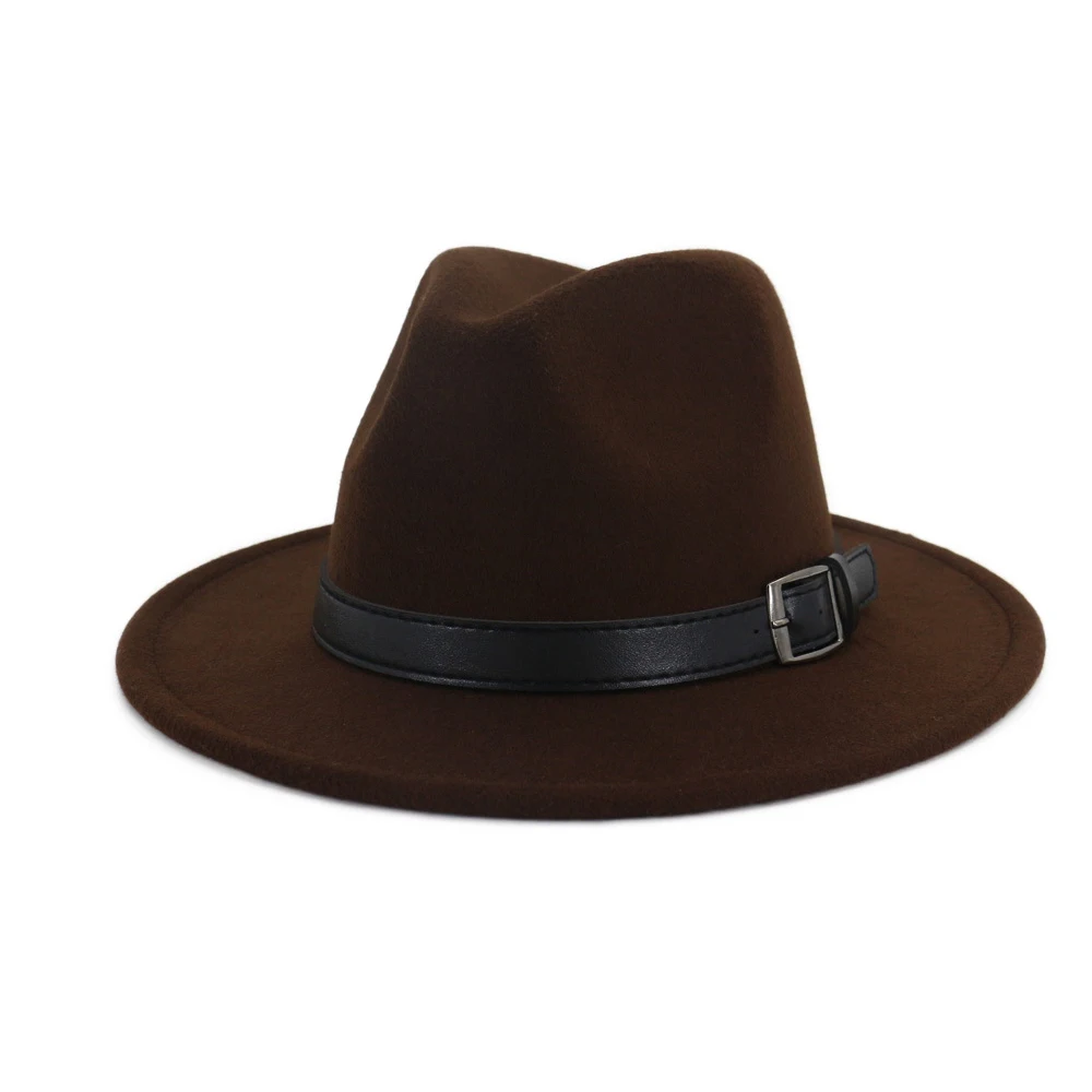 Dark Coffee Женская и Мужская шерстяная шляпа Fedora с панк-поясом поп-Уличная Повседневная шляпа Панама джазовая, шляпа - Цвет: Dark Coffee