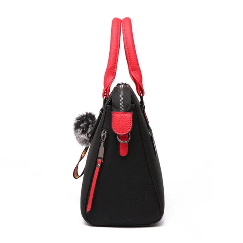 Модная женская сумка через плечо из искусственной кожи, сумки через плечо с меховыми помпонами, женские одноцветные сумки черного и красного цветов