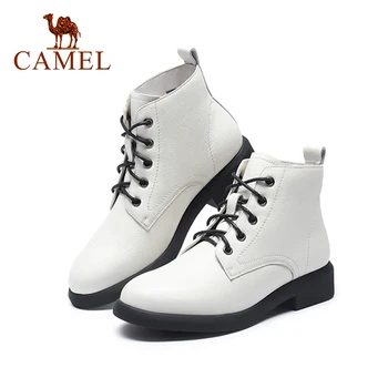 

CAMEL Genuine Leather Ankle Boots for Women Low Heel Short Plush 2020 Autumn Winter New Fashion Elegant British Style Boots Shoe