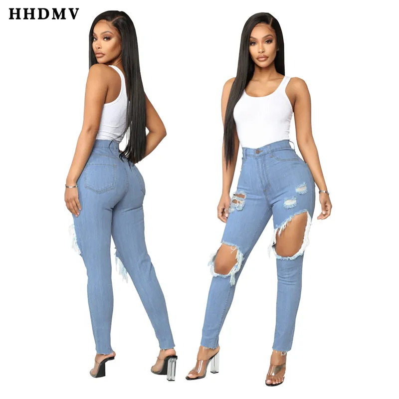 HHDMV GHSF12028 модные длинные джинсы в стиле хип-хоп, брючные пуговицы, карманы, рваные, выдалбливают, джинсовые длинные штаны для маленьких ног - Цвет: Синий