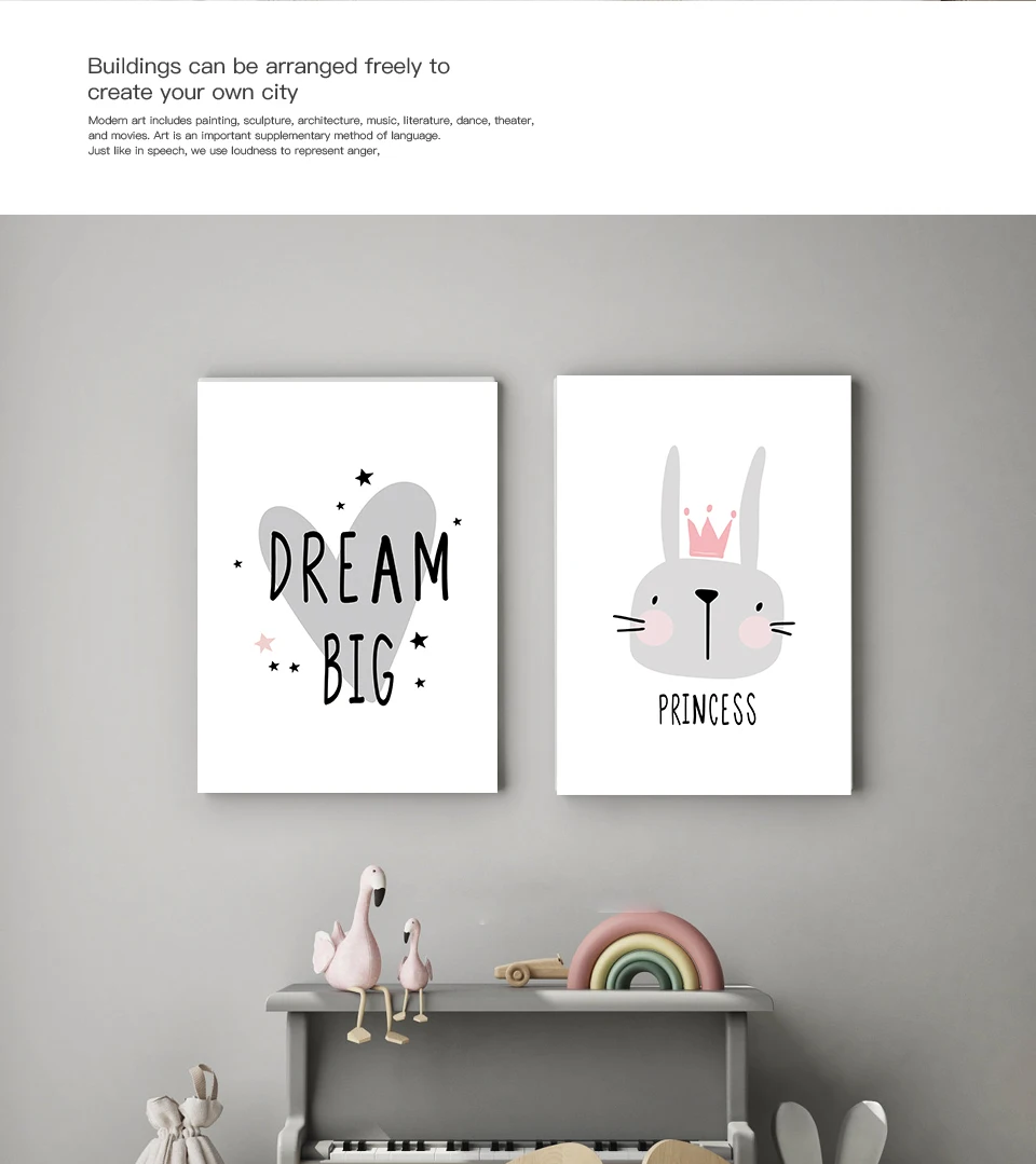 Pink Cartoon Nursery Girl Wall Picture Poster Print Rabbit Crown Baby Room Modern Canvas Painting Kids Children Wall Art Mural (1)