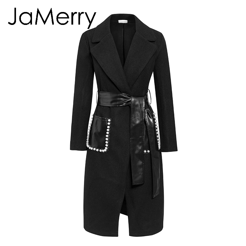 JaMerry, винтажное модное пальто с жемчужинами, с карманами, женское, элегантное, пояс, тонкий, теплый, длинный, пальто, осень, зима, черный, шерсть