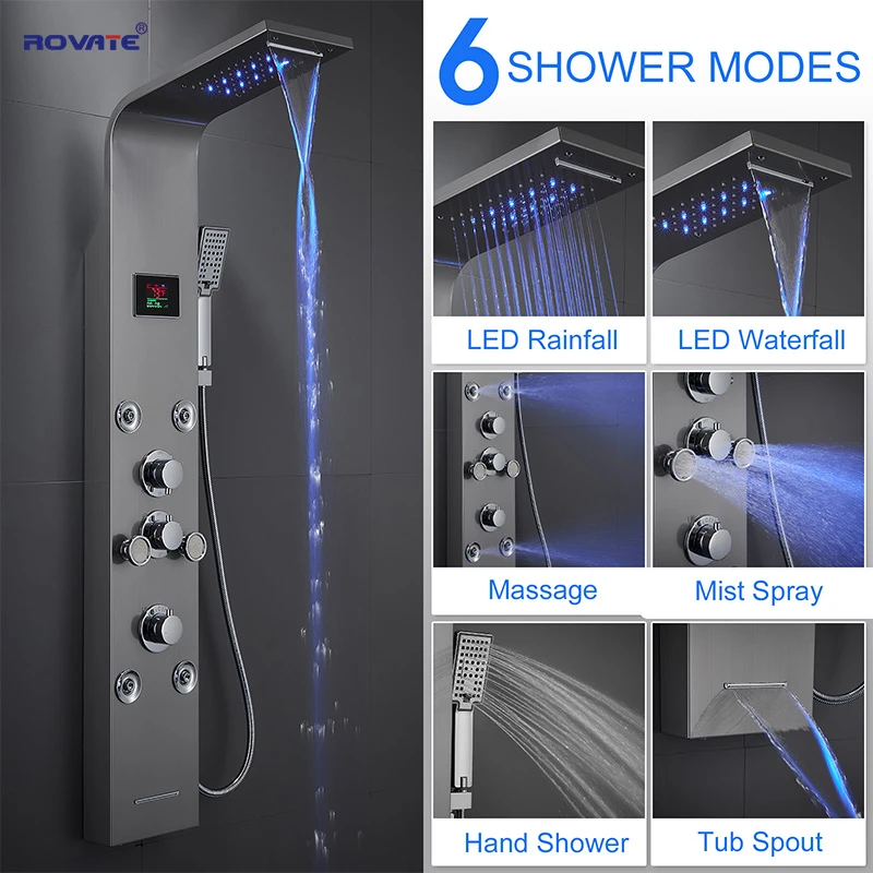 Rovate Led Douche Panel Toren Systeem, 304 Rvs Regenval Waterval