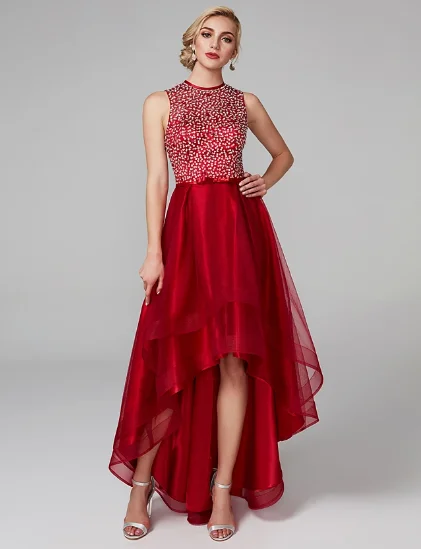 

Shine Red High Low Keyhole Back Cocktail Party Dress Jewel Asymmetrical Tulle Prom Gowns with Bow(s) Sequin 2021 robe de soriee