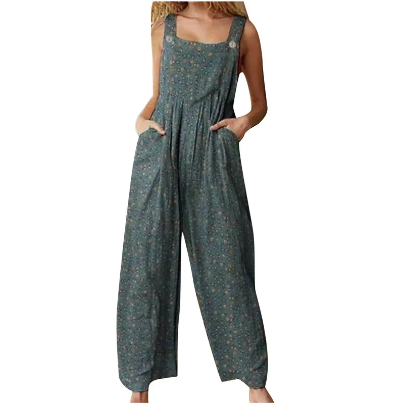 Summer Women Floral Jumpsuit Sleeveless Overalls Boho Casual Loose Playsuit Long Pants Romper Wide Leg Dungarees Retro Trousers