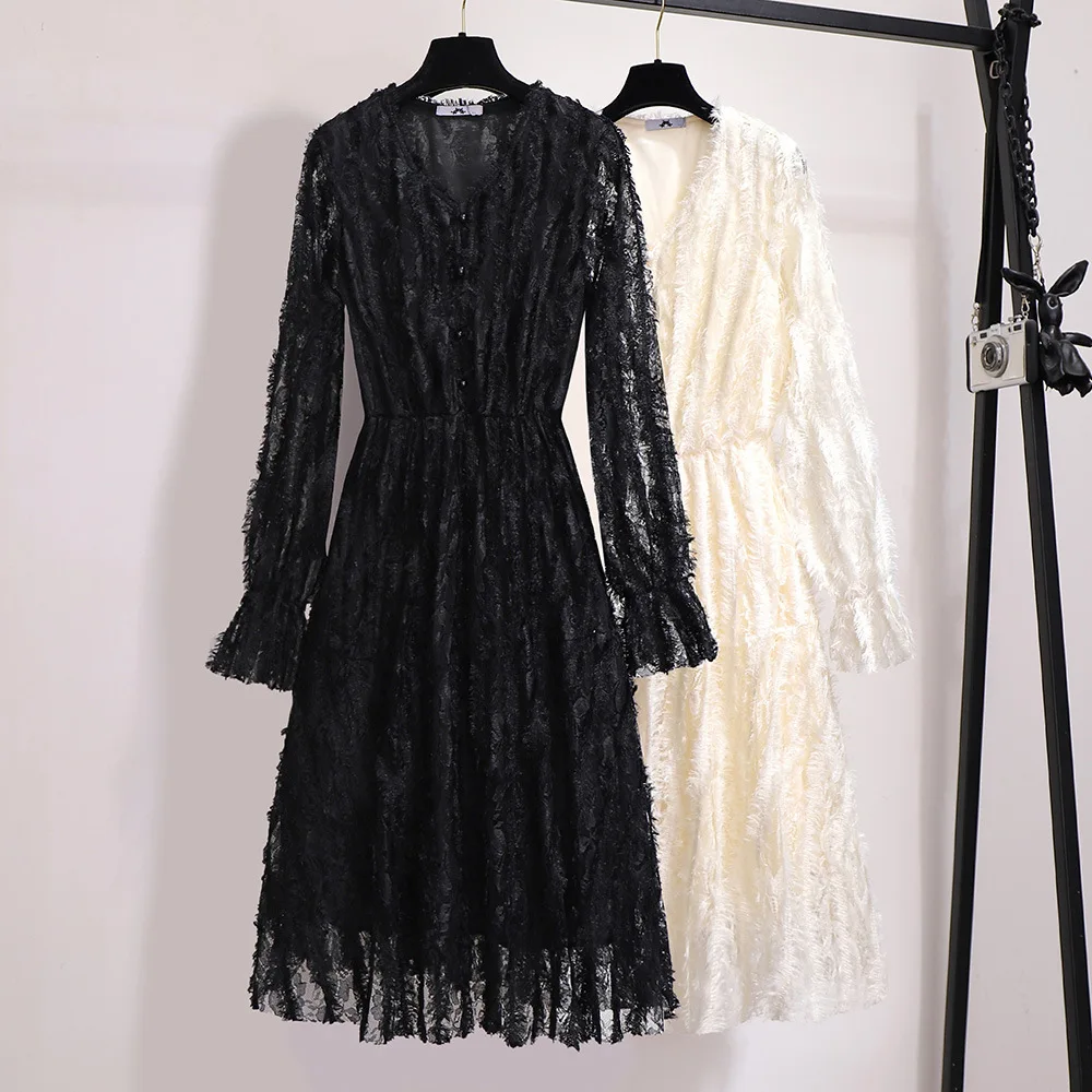 Женское осеннее кружевное платье повседневное офисное с длинным рукавом