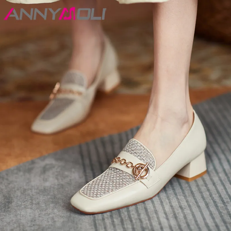 

ANNYMOLI Woman Shoes Med Heels Genuine Leather Square Toe Pumps Chain Chunky Heel Shoes Ladies Footwear Spring Beige Big Size 40