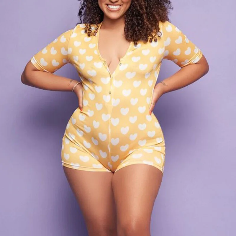 Rompers Women Sleepwear Love Heart Pattern Stretch Button Short Sleeve Jumpsuit XS-2XL For Adults Femal Pyjamas Onesies