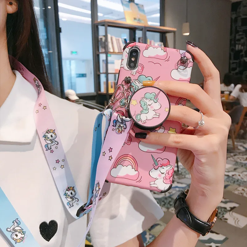 Мягкий силиконовый чехол с мультяшным милым единорогом для iphone X iphone XS MAX, XR X 7, 8, 6, 6S Plus, coque, с держателем и шнурком