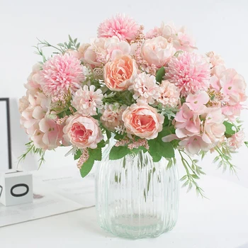 

6 Pcs Artificial Flower,Fake Peony Hydrangea Bouquet Decoration Carnation Daisy Artificial Flower Wedding Decoration