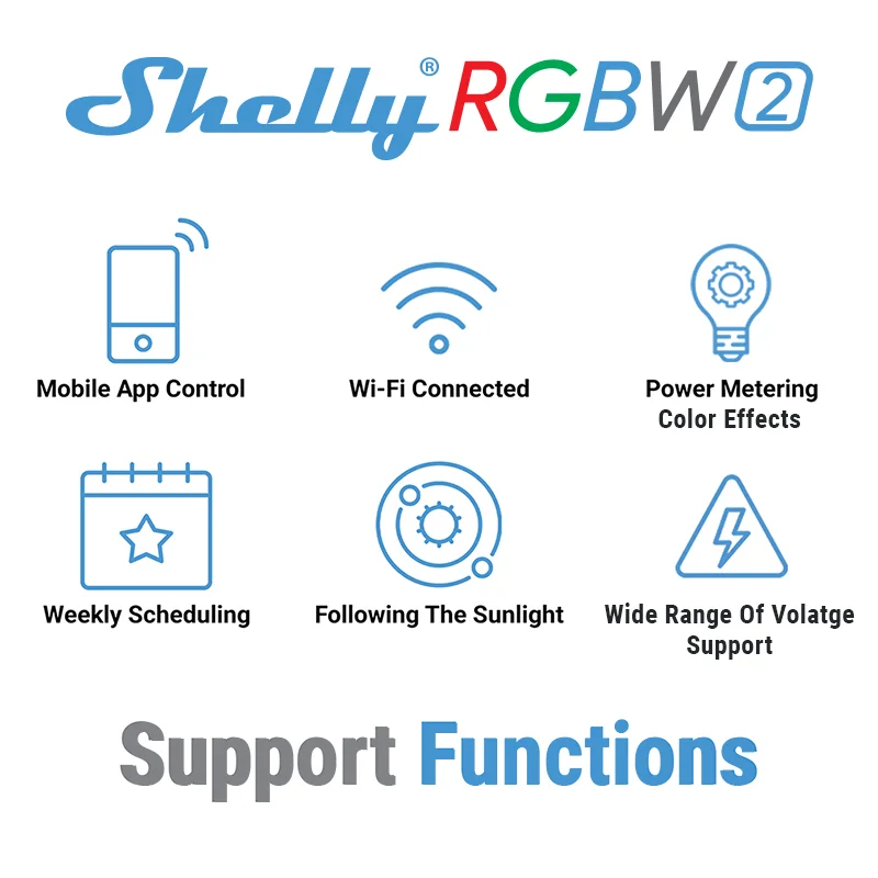 Shelly RGBW2 스마트 WiFi 작동 RGBW 컨트롤러는 최대 288W 결합 전력으로 모든 12v 24v 흰색 RGB RGBW Led 스트립을 지원합니다.