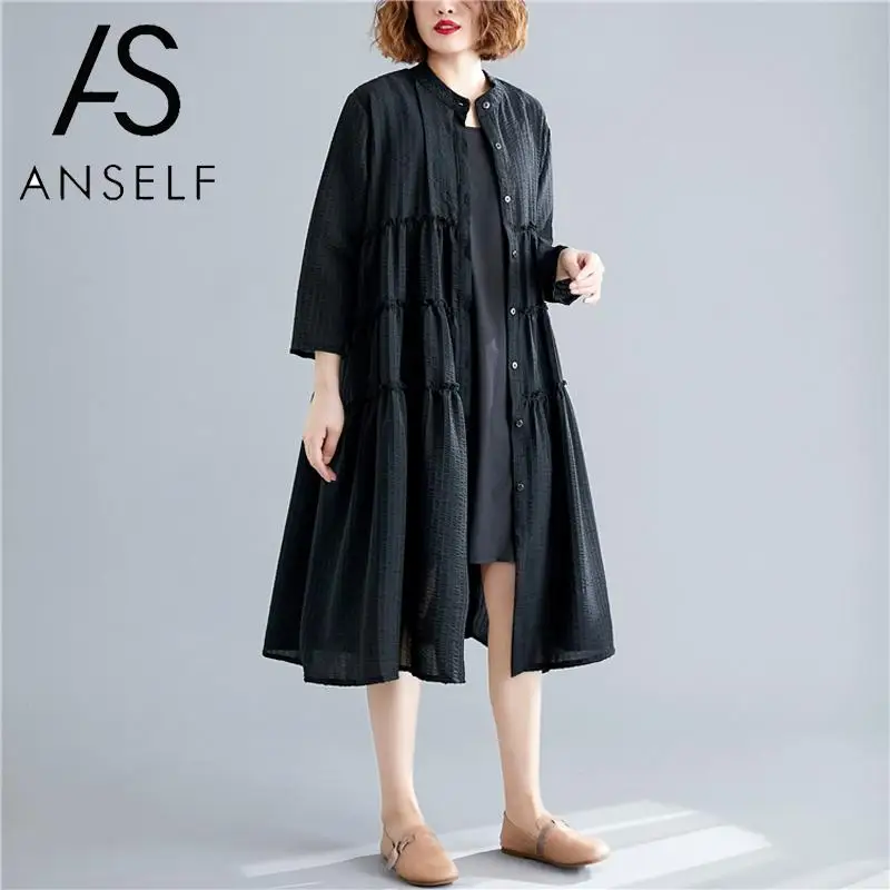 Винтаж хлопковое льняное платье Для женщин трапециевидной формы свободное платье осень сплошной Стенд воротник 3/4 длинный рукав; пуговицы с со складками больших размеров Robe