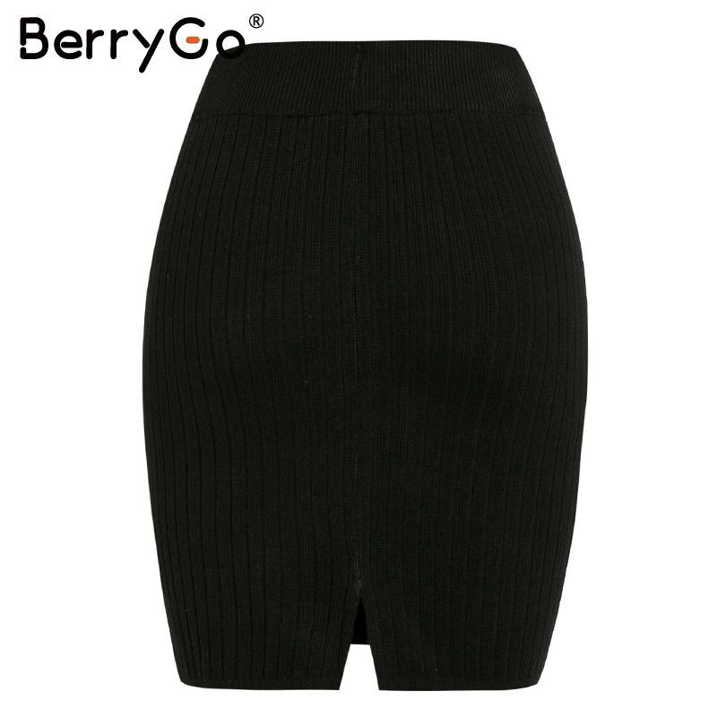 BerryGo, элегантные, эластичные, вязаные юбки для женщин, шикарные, Осень-зима, теплые, прямые, женская юбка, в рубчик, одноцветные, короткие, женские юбки