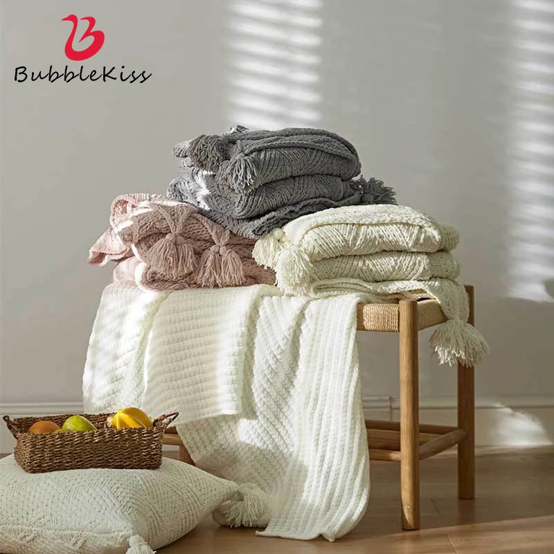 

Bubble Kiss Colorful Knitted Blanket Tassel Thread Blanket For Bed Blanket Office Siesta Cover Blanket Home Sofa Throw Blanket