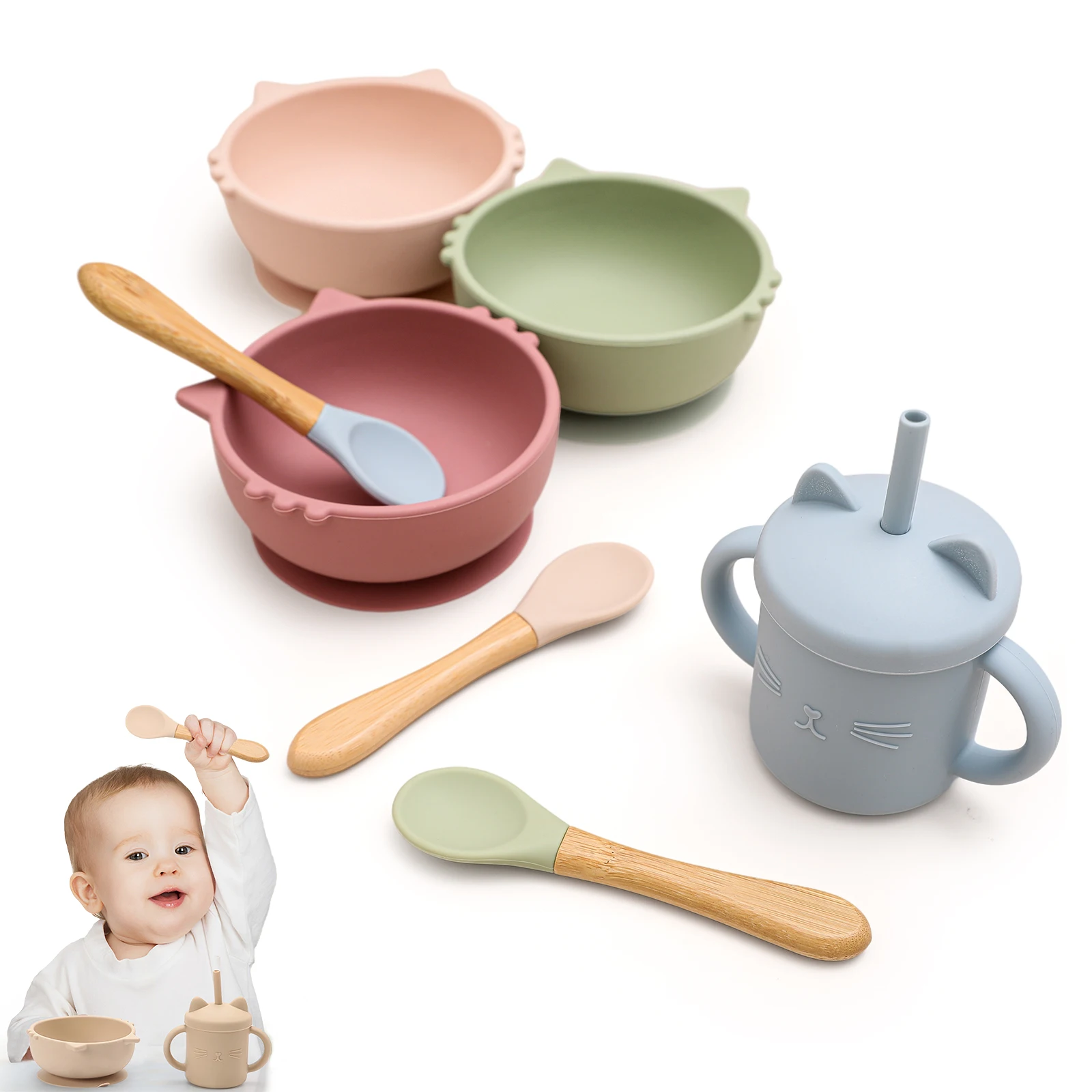 Baby Feeding Bowls and Spoons Suction Food Grade Silicone