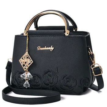 

Women Bag Women Leather Handbag Shoulder Bag Crossbody Handbag Women's Flower Embroideried Pendant Rivets Boston Ladies Fashion