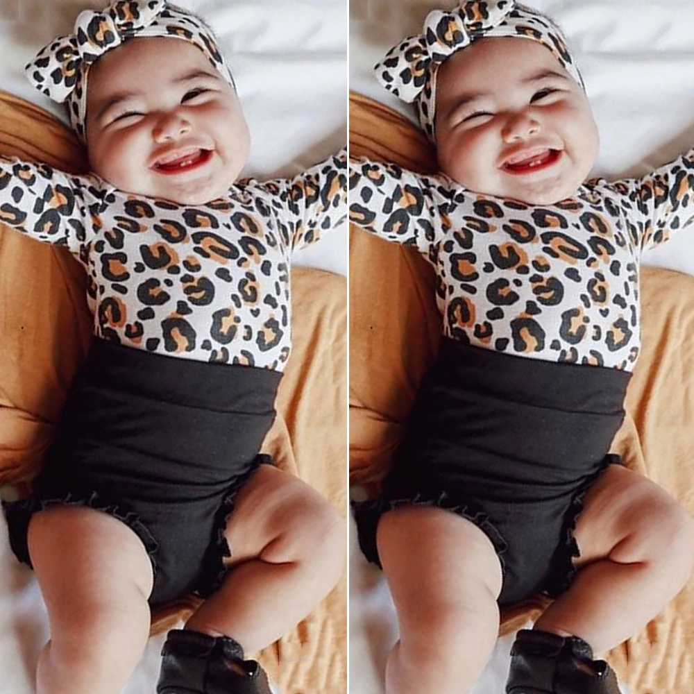Одежда для новорожденных девочек 0-24 месяцев, 3 предмета, боди с леопардовым принтом для маленьких девочек, черные короткие штаны, повязка на голову, одежда для маленьких девочек