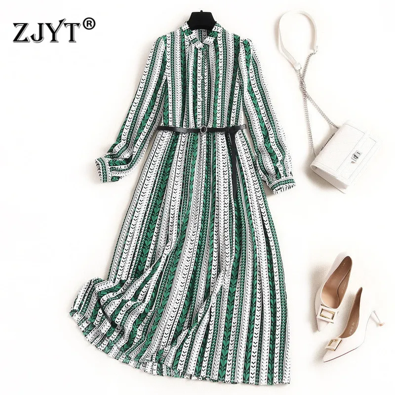 

2020 New Fashion Spring Dress for Women Elegant Designers Long Sleeve Striped Print Casual Aline Chiffon Dress with Belt
