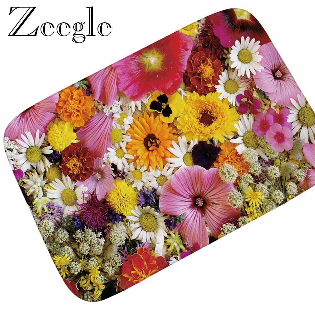Zeegle 3D Floral Printed Floor Mat Non-slip Doormat Flannel Door Mat Kitchen Floor Mat Soft Doormat Outdoor Carpet