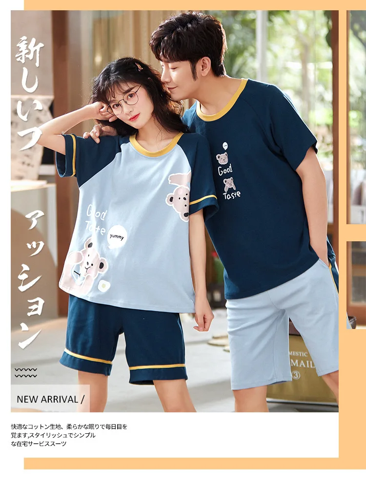 Summer Cotton Pajamas Sets Fashion Blue Short Sleeve Couple Sleepwear Leisure Plus Size Men's Homewear Korean Cute Women Pajamas ladies pyjamas sets