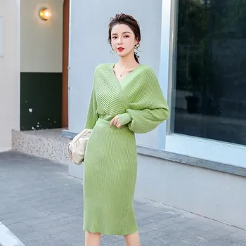 

2020 Autumn New Casual Knit Sweater 2 Piece Set Women Sexy V-neck Long Puff Sleeve Tops And Slim High Waist Bodycon Skirts Set