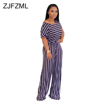 

Striped Plus Size Rompers Womens Jumpsuits Round Neck Loose Wide Leg Jumpsuit Summer Short Sleeve Drawstring One Piece Bodysuit