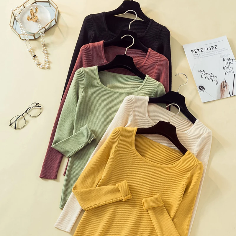 shintimes Knitted Women Long Sleeve Sweater Pullovers Spring Autumn Basic Elastic Sweaters Pullover Slim White Korean Tops | Женская