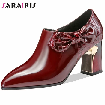 

SARAIRIS Big Size 34-42 Brand Female Fashion Bowtie High Heels Pumps Party Ol Pumps Women Patent Genuine Leather Shoes Woman