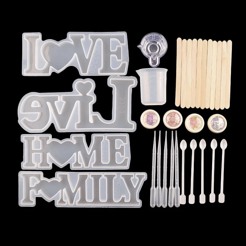 39 Pcs Jewelry Tools Set Letter Resin Silicone Molds Dropper Stirring Rod Finger Cots Measure Cup For Diy Epoxy UV Crystal Craft epoxy resin making tools uv epoxy resin casting making jewelry finding set measure cup glue cup dropper stirring stick tools