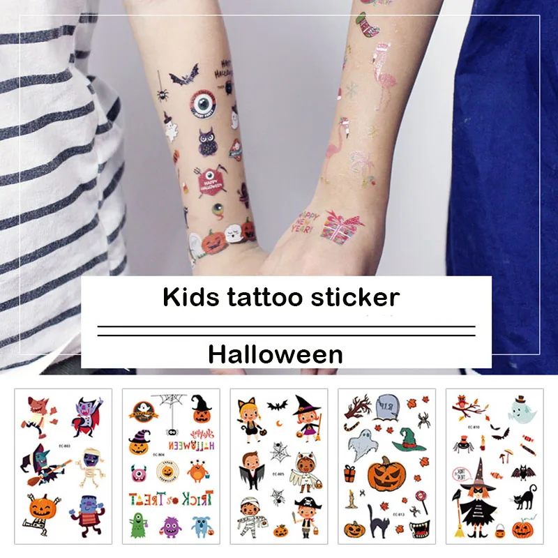 

1 Sheet kids tattoo sticker for halloween festival Witch pumpkin bat cat ghost pattern 3D DIY temporary tattoo sticker RA039