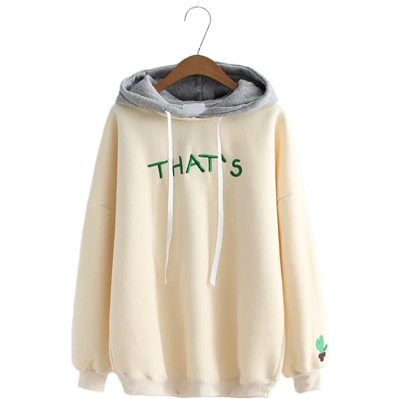 

Women's Letter Embroidery Fleece Hooded Sweatshirt Cotton Hoodies 2020 New Long Sleeve Sweet Style Girl Casual Pullovers