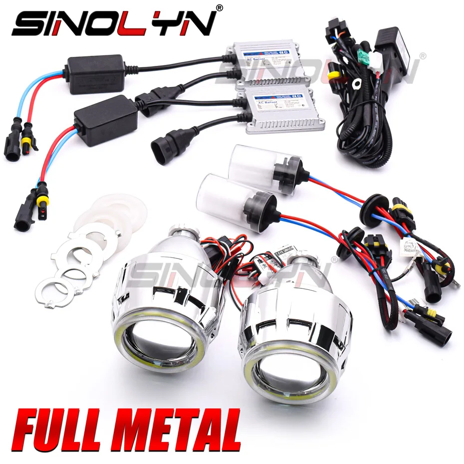

Sinolyn Bi Xenon Angel Eyes Projector Lenses For H4 H7 Headlight Full Kit Metal Lens Car Products Retrofit Use H1 HID/LED
